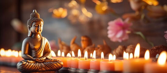 Buddha sculpture in closeup view, encircled by glowing candles creating a peaceful ambiance