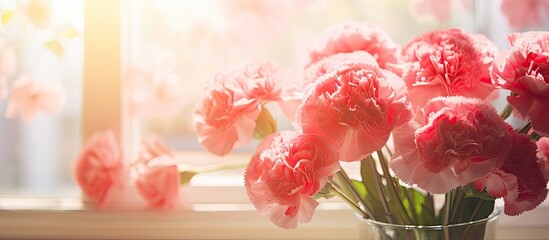 Pink blossoms arranged in a glass container sitting on the ledge by a window - obrazy, fototapety, plakaty