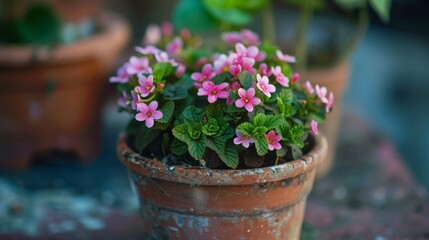 Fototapeta na wymiar Many tiny pink blossoms in a clay pot
