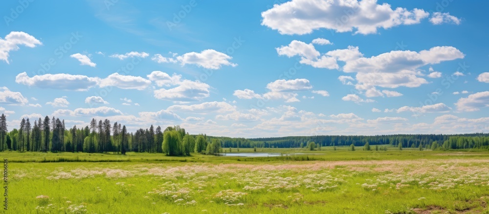 Poster serene view of a lush meadow with a tranquil lake and towering trees in the background, showcasing t