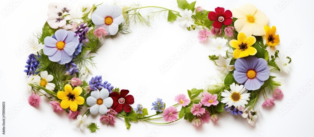 Wall mural Wreath made of flowers placed on a surface that is white in color