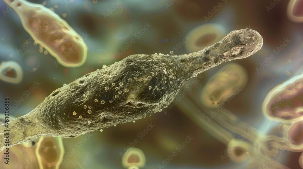 Poster a microscopic view of a long and slender egg with a pointed end covered in a rough and textured surf