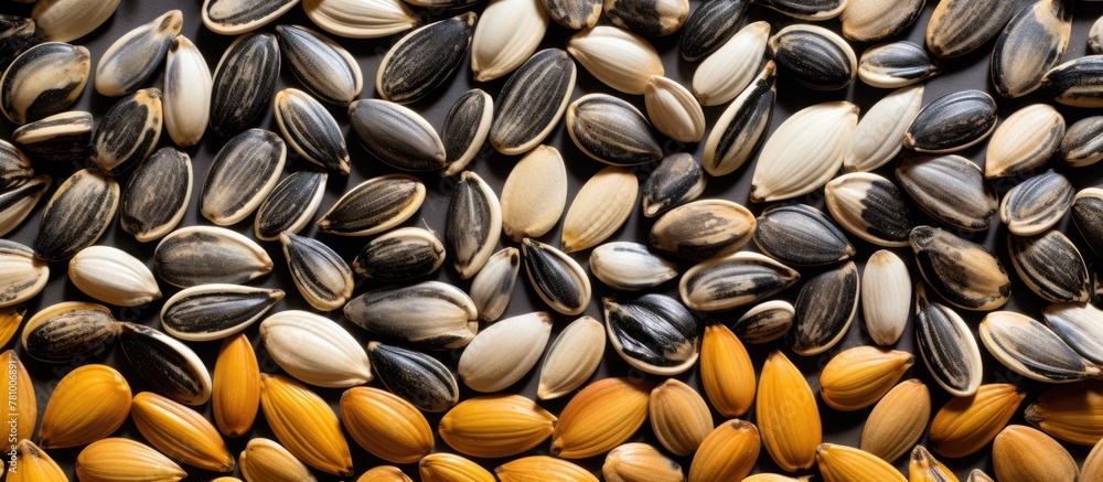 Poster sunflower seeds seen in a close-up view, neatly piled on a flat surface like a table