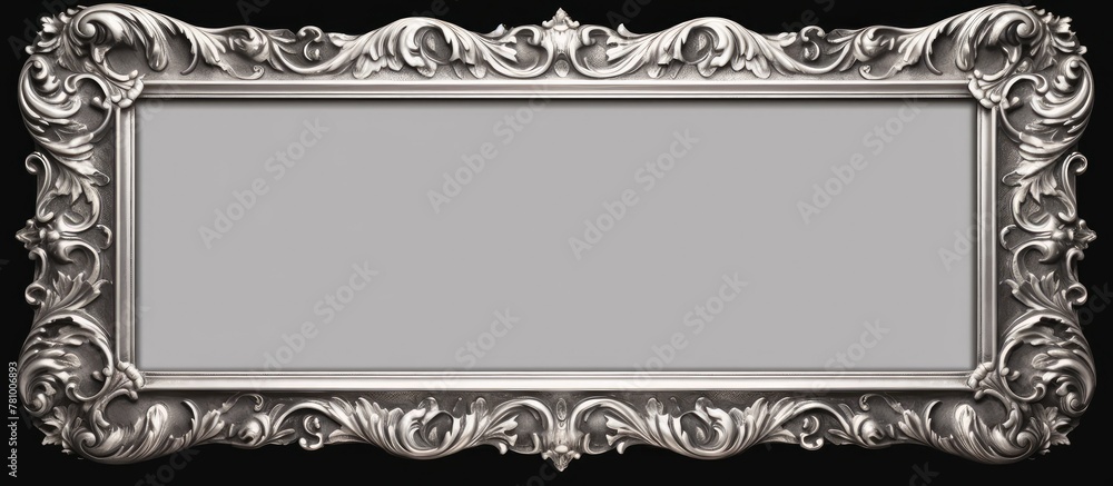Poster an elegant silver frame with intricate design set against a solid black background