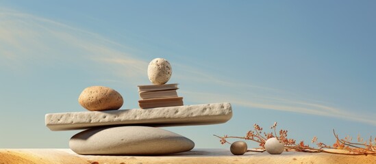 A pair of rocks neatly balanced on top of each other on a sandy beach near the water's edge - Powered by Adobe