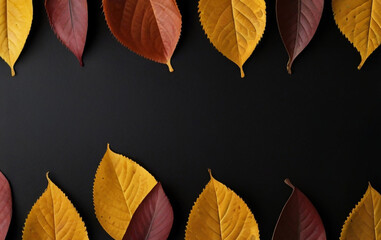 Autumn leaves on a black background Autumn background Top view.
