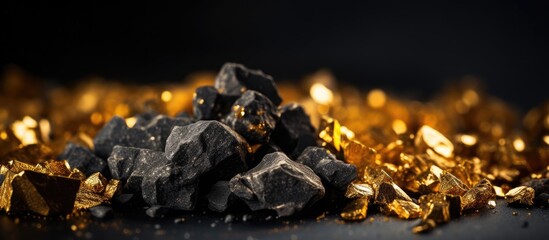 Heap of shiny gold nuggets stacked on a black table, displaying wealth and luxury - obrazy, fototapety, plakaty