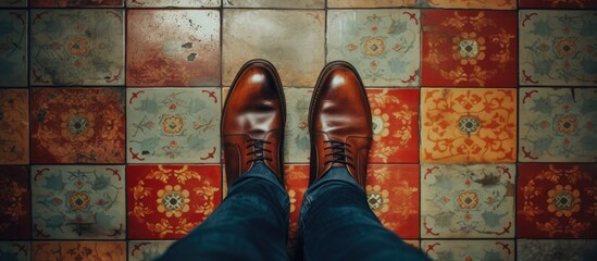 Close-up view of individual's footwear resting on a patterned tiled floor - obrazy, fototapety, plakaty