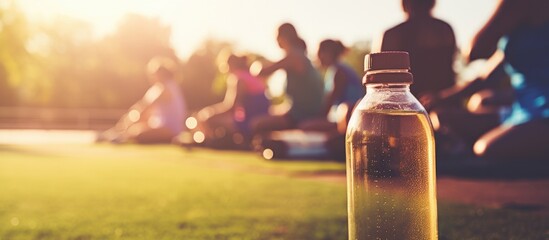 Group of individuals relaxing on lush lawn while a plastic water bottle is placed nearby - obrazy, fototapety, plakaty