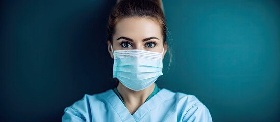 A female medical professional dressed in scrubs and a face mask looks directly at the camera - Powered by Adobe
