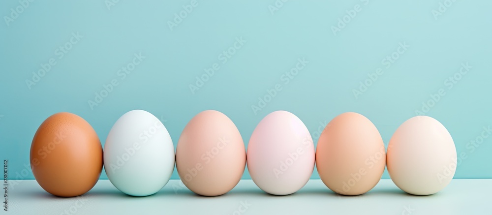 Poster a line of eggs neatly arranged in a row on a flat surface