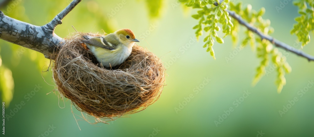 Wall mural Eurasian Penduline Tit bird perched on a willow tree branch, nestled in a green, natural environment