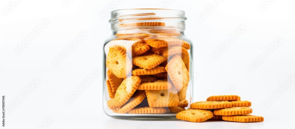 Poster jar of assorted cookies placed on a tabletop with a plain white background