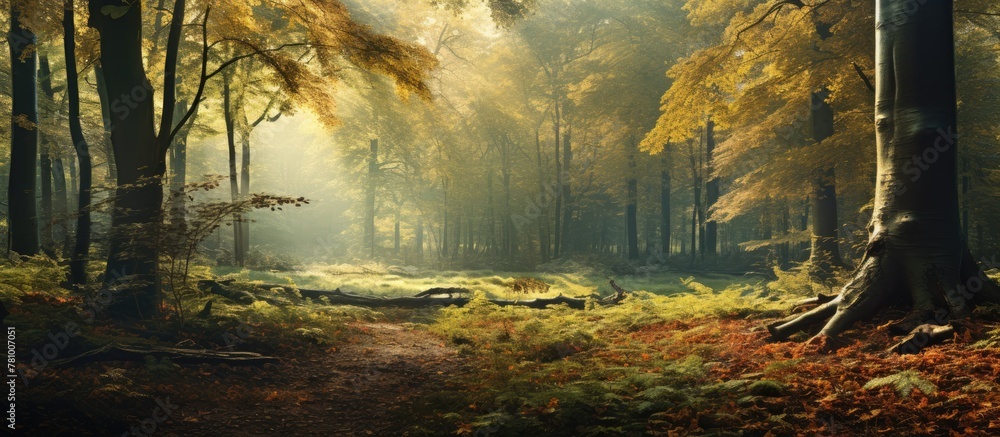 Poster sunlight filters through dense trees onto a path cutting through the forest