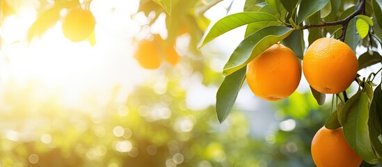 Oranges hanging from branches alongside vibrant leaves in a natural setting under the sun - obrazy, fototapety, plakaty