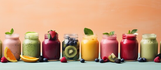 Various flavors of delicious smoothie drinks filled in jars with fresh fruits and berries, creating a colorful display