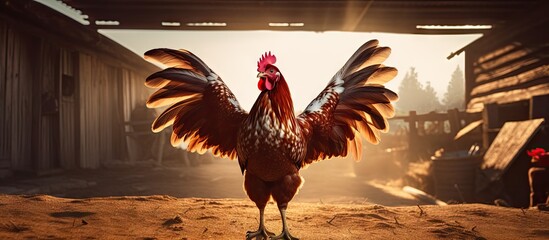 Rooster displaying wings while perched on ground surface - obrazy, fototapety, plakaty