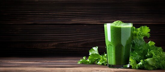 Glass containing a nutritious green smoothie garnished with vibrant parsley leaves