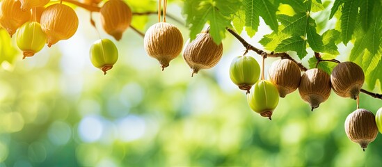 Numerous ripe fruits dangle from a tree branch basking in sunlight - obrazy, fototapety, plakaty