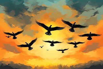 Dynamic flock of migrating geese soaring across a vivid autumn sky, wings beating in harmonious rhythm, isolated on white solid background - obrazy, fototapety, plakaty