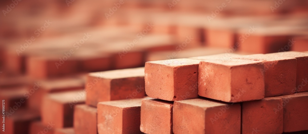 Aufkleber stack of red bricks neatly arranged on a wooden table surface