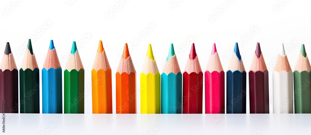 Poster a close-up view of a series of colorful pencils arranged neatly, with one slightly tilted against th