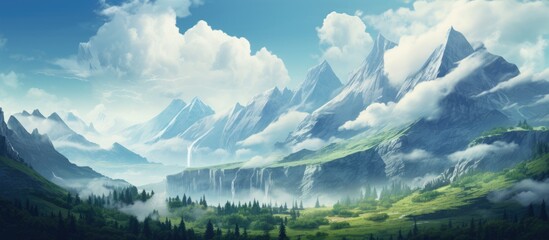 Majestic mountains and fluffy clouds towering over a serene valley landscape