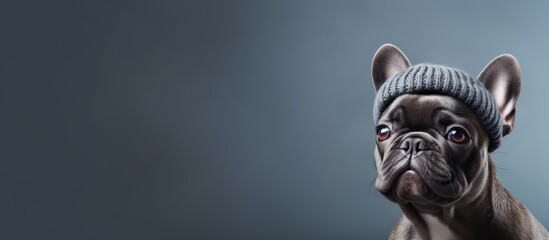 Adorable dog, a French bulldog, is wearing a stylish beret against a simple grey backdrop