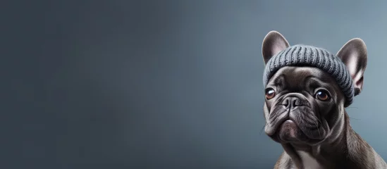 Rolgordijnen Adorable dog, a French bulldog, is wearing a stylish beret against a simple grey backdrop © Ilgun