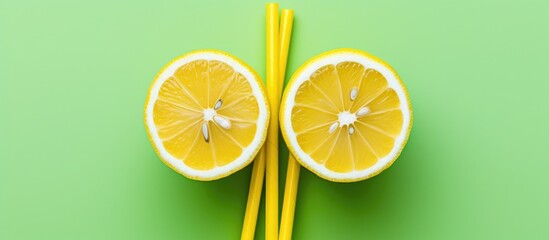 Half-cut lemon slices placed on a vibrant green surface