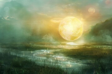 A glowing orb floating amidst the swirling mist of a mysterious swamp. - obrazy, fototapety, plakaty