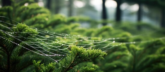 A detailed view of a spider web intricately woven on the branches of a pine tree, capturing the delicate beauty of nature - obrazy, fototapety, plakaty