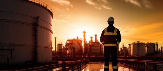 Professional worker wearing hardhat standing on the bridge in front of a large industrial oil refinery