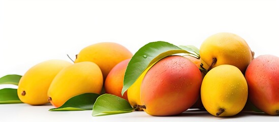 Multiple ripe mango fruits displayed together on a flat surface