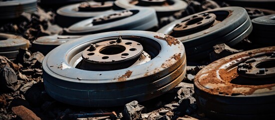 An assortment of worn-out tires lying in a heap on the ground in an outdoor setting - obrazy, fototapety, plakaty