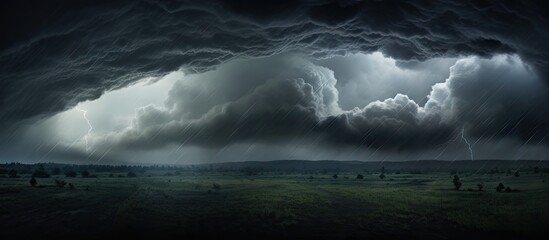 Sinister dark storm cloud casts shadow over peaceful countryside with trees and grass, signaling an imminent thunderstorm