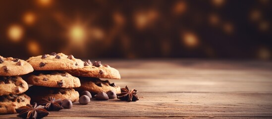 Chocolate chip cookies arranged on a rustic wooden table, set against a dark background