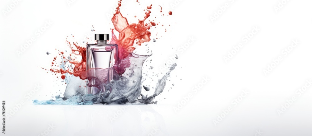 Poster a close-up view of a transparent perfume bottle with vibrant splashes of red liquid, creating a stri