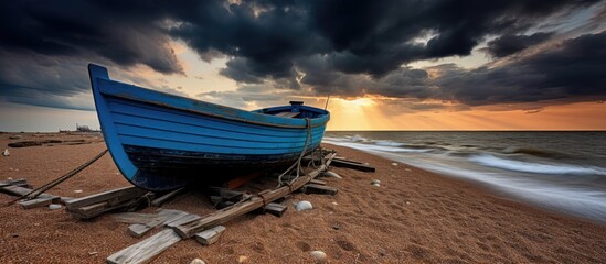 A boat is stranded on the sandy shore with a backdrop of an overcast sky in the background - Powered by Adobe