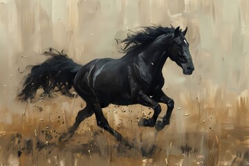 portrait Oil painting features majestic  black horse galloping on neutral background, luxury vintage moody farmhouse wall art, digital art print, wallpaper, background