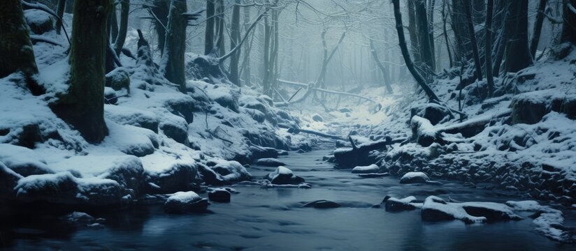 A serene winter scene in the woods, featuring a flowing stream surrounded by snow-covered rocks and tall trees