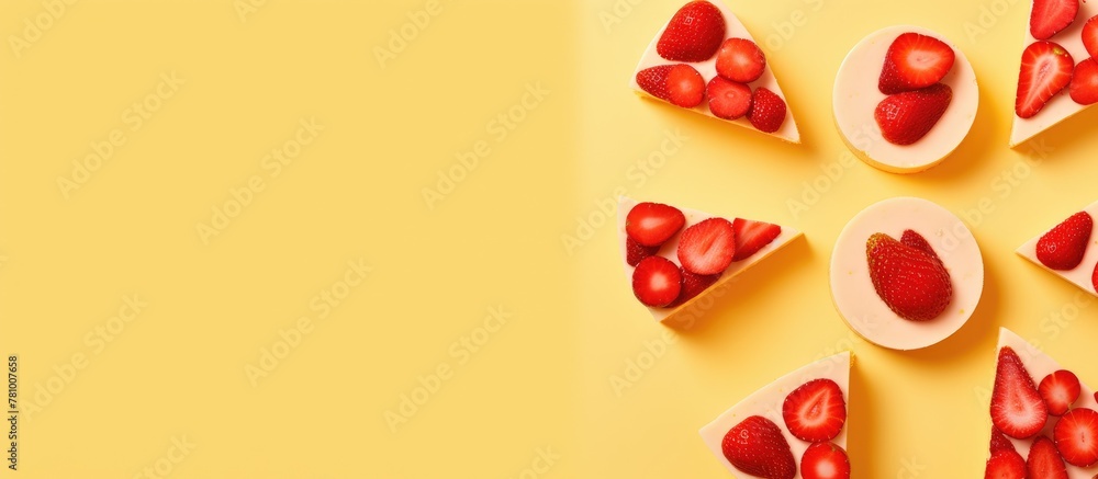 Poster plate displaying ripe red strawberries with neatly sliced portions on a clean surface