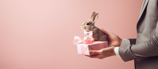 Couple happily surprised on a special occasion with the gift of a bunny