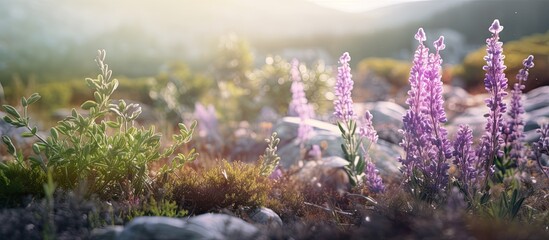Field of beautiful purple flowers surrounded by rocks and grass in the background - obrazy, fototapety, plakaty