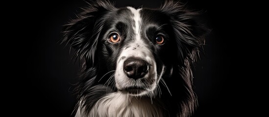 Fototapeta premium Black and white mixed-breed dog captured in a professional photo studio setting, showcasing its unique facial markings and long hair
