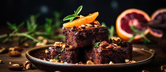 Delicious and indulgent brownies served on a plate adorned with segments of vibrant, fresh oranges. - obrazy, fototapety, plakaty