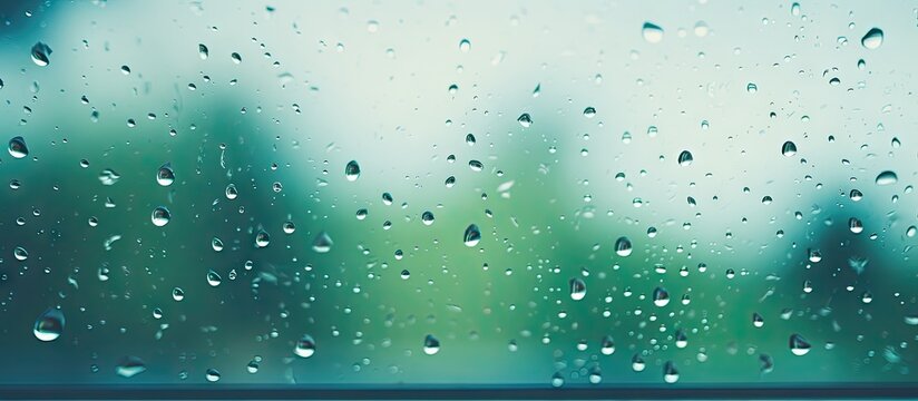 A window in close-up view shows raindrops clinging to the glass surface