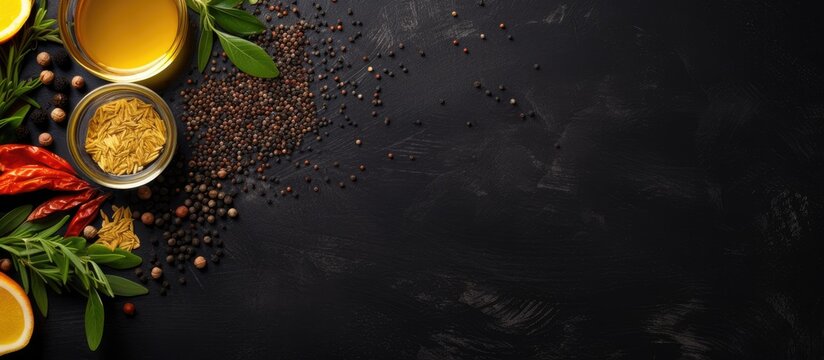 Assorted selection of flavorful spices and aromatic herbs arranged on a black background