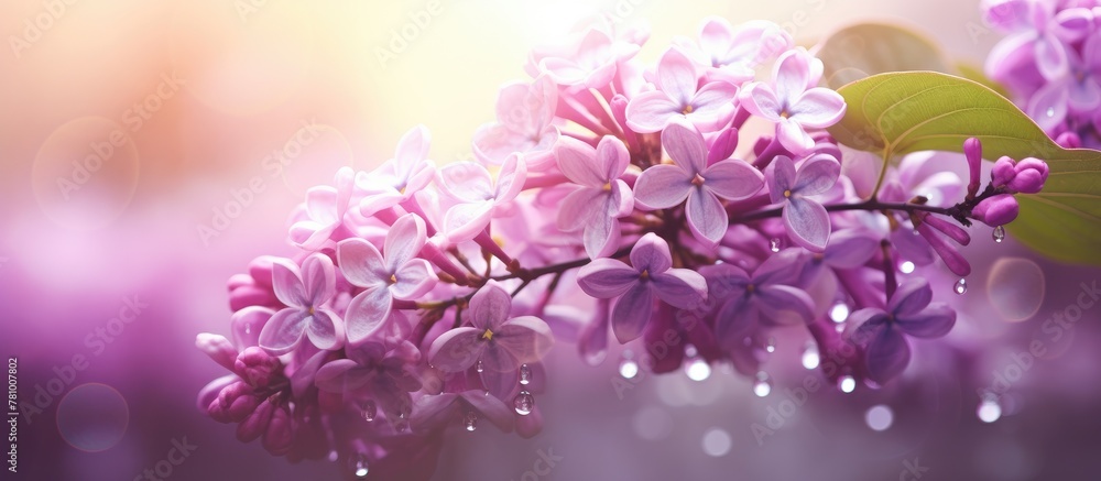 Poster Purple lila flowers covered in delicate water droplets sparkle beautifully in the sun's rays