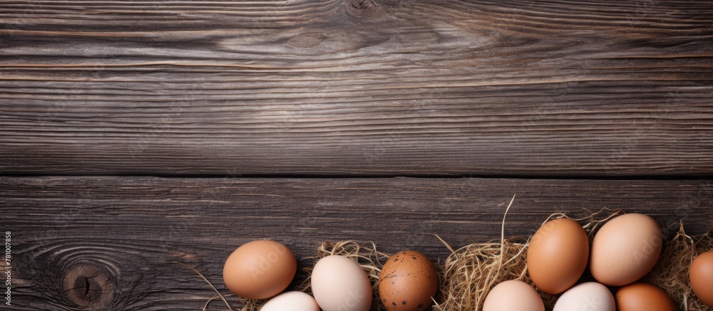 Aufkleber group of eggs arranged neatly in a nest placed on a rustic wooden table